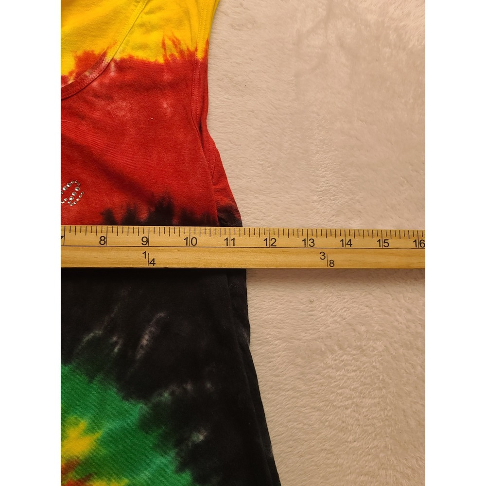 Jamaica Tie Dye Fringe Tank Top Rasta Rhinestone Sleeveless Women's Shirt Large - Picture 8 of 13